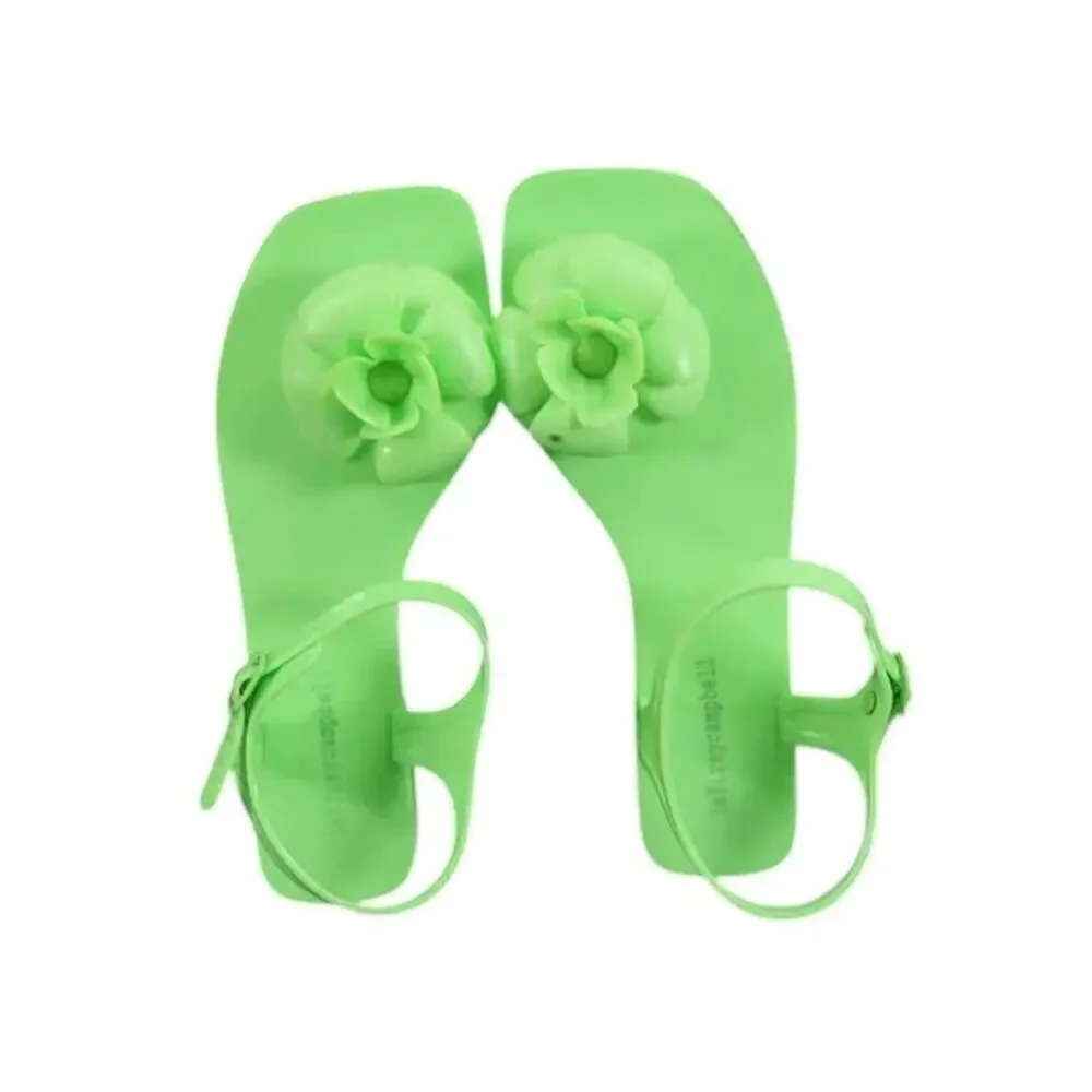 Jeffrey Campbell Shoes Womens 6 Sandal Jelly Flat Flower Thong Ankle Strap Green